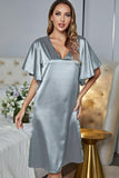 Satin Flutter Sleeve Side Slit V-Neck Night Dress - OmniGlitz 