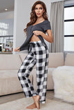 Curved Hem Short Sleeve Top and Plaid Pants Lounge Set - OmniGlitz 