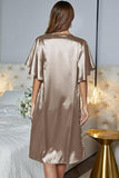 Satin Flutter Sleeve Side Slit V-Neck Night Dress - OmniGlitz 