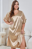 Plus Size Flutter Sleeve V-Neck Side Slit Night Gown - OmniGlitz 