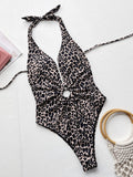 Leopard Halter Neck Ring Detail One-Piece Swimsuit - OmniGlitz 