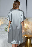 Satin Flutter Sleeve Side Slit V-Neck Night Dress - OmniGlitz 