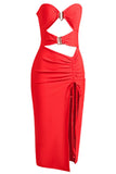 Cutout Strapless Drawstring Detail Split Bandage Dress - OmniGlitz 