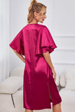 Satin Flutter Sleeve Side Slit V-Neck Night Dress - OmniGlitz 
