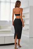 Rhinestone Halter Neck Cutout Slit Midi Dress - OmniGlitz 