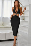Rhinestone Halter Neck Cutout Slit Midi Dress - OmniGlitz 
