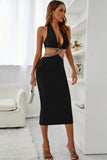 Rhinestone Halter Neck Cutout Slit Midi Dress - OmniGlitz 