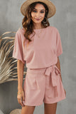 Tie Belt Short Sleeve Romper - OmniGlitz 