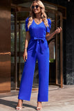 Belted Puff Sleeve V-Neck Jumpsuit - OmniGlitz 