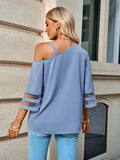 Asymmetrical Neck Sheer Striped Flare Sleeve Blouse - OmniGlitz 