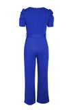 Belted Puff Sleeve V-Neck Jumpsuit - OmniGlitz 