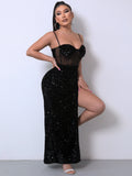 Sequin Spliced Mesh Adjustable Strap Dress - OmniGlitz 