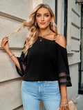 Asymmetrical Neck Sheer Striped Flare Sleeve Blouse - OmniGlitz 