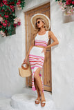 Striped Openwork Cropped Tank and Split Skirt Set - OmniGlitz 