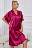 Satin Flutter Sleeve Side Slit V-Neck Night Dress - OmniGlitz 