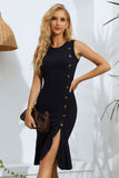 Decorative Button Split Ribbed Sleeveless Knit Dress - OmniGlitz 