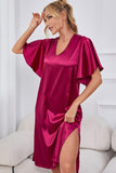 Satin Flutter Sleeve Side Slit V-Neck Night Dress - OmniGlitz 