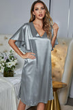 Satin Flutter Sleeve Side Slit V-Neck Night Dress - OmniGlitz 