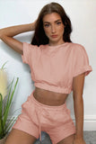 Short Sleeve Cropped Top and Drawstring Shorts Lounge Set - OmniGlitz 