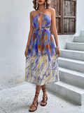 Printed Halter Neck Crisscross Tied Dress - OmniGlitz 