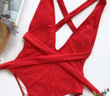 Halter Neck Deep V Tied One-Piece Swimsuit - OmniGlitz 