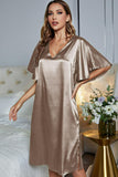 Satin Flutter Sleeve Side Slit V-Neck Night Dress - OmniGlitz 
