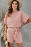 Tie Belt Short Sleeve Romper - OmniGlitz 