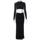 M21ST484 Autumn New Clean Color Casual Long Sleeve High Neck Top Pleated Long Dress Set - OmniGlitz 