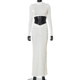 M21ST484 Autumn New Clean Color Casual Long Sleeve High Neck Top Pleated Long Dress Set - OmniGlitz 