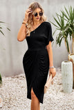 Ruched One-Shoulder Tulip Hem Dress - OmniGlitz 