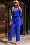 Belted Puff Sleeve V-Neck Jumpsuit - OmniGlitz 