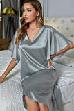 Satin Flutter Sleeve Side Slit V-Neck Night Dress - OmniGlitz 