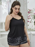 Plus Size Lace Trim Scoop Neck Cami and Printed Shorts Pajama Set - OmniGlitz 