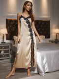 Contrast Lace Trim Spaghetti Strap Split Night Gown - OmniGlitz 