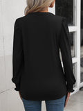 Ruched Notched Neck Puff Sleeve Smocked Wrist Blouse - OmniGlitz 