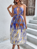 Printed Halter Neck Crisscross Tied Dress - OmniGlitz 