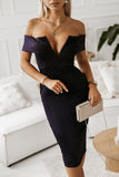 Off-Shoulder Zip-Back Slit Dress - OmniGlitz 
