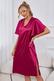 Satin Flutter Sleeve Side Slit V-Neck Night Dress - OmniGlitz 