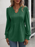 Ruched Notched Neck Puff Sleeve Smocked Wrist Blouse - OmniGlitz 