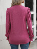 Ruched Notched Neck Puff Sleeve Smocked Wrist Blouse - OmniGlitz 