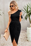 Ruched One-Shoulder Tulip Hem Dress - OmniGlitz 