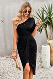 Ruched One-Shoulder Tulip Hem Dress - OmniGlitz 