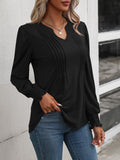 Ruched Notched Neck Puff Sleeve Smocked Wrist Blouse - OmniGlitz 