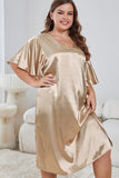 Plus Size Flutter Sleeve V-Neck Side Slit Night Gown - OmniGlitz 