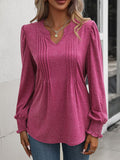 Ruched Notched Neck Puff Sleeve Smocked Wrist Blouse - OmniGlitz 