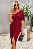Ruched One-Shoulder Tulip Hem Dress - OmniGlitz 