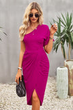 Ruched One-Shoulder Tulip Hem Dress - OmniGlitz 