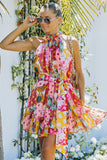 Floral Polka Dot Belted Sleeveless Mini Dress - OmniGlitz 