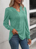 Ruched Notched Neck Puff Sleeve Smocked Wrist Blouse - OmniGlitz 