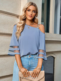 Asymmetrical Neck Sheer Striped Flare Sleeve Blouse - OmniGlitz 